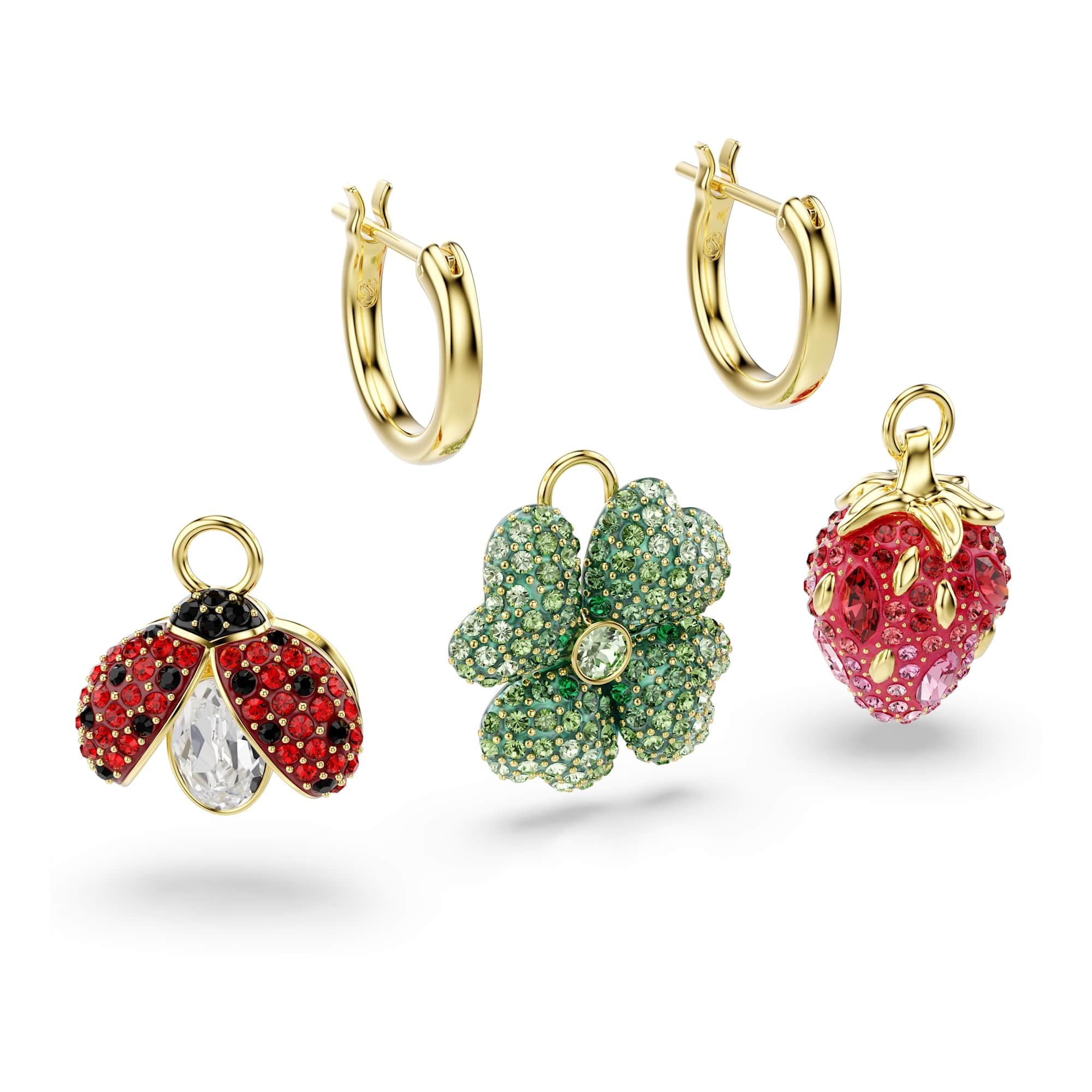 Swarovski Idyllia Drop-Ohrhänger, Set (3), Marienkäfer, Glücksklee, Erdbeere, Mehrfarbig, Goldlegierungsschicht