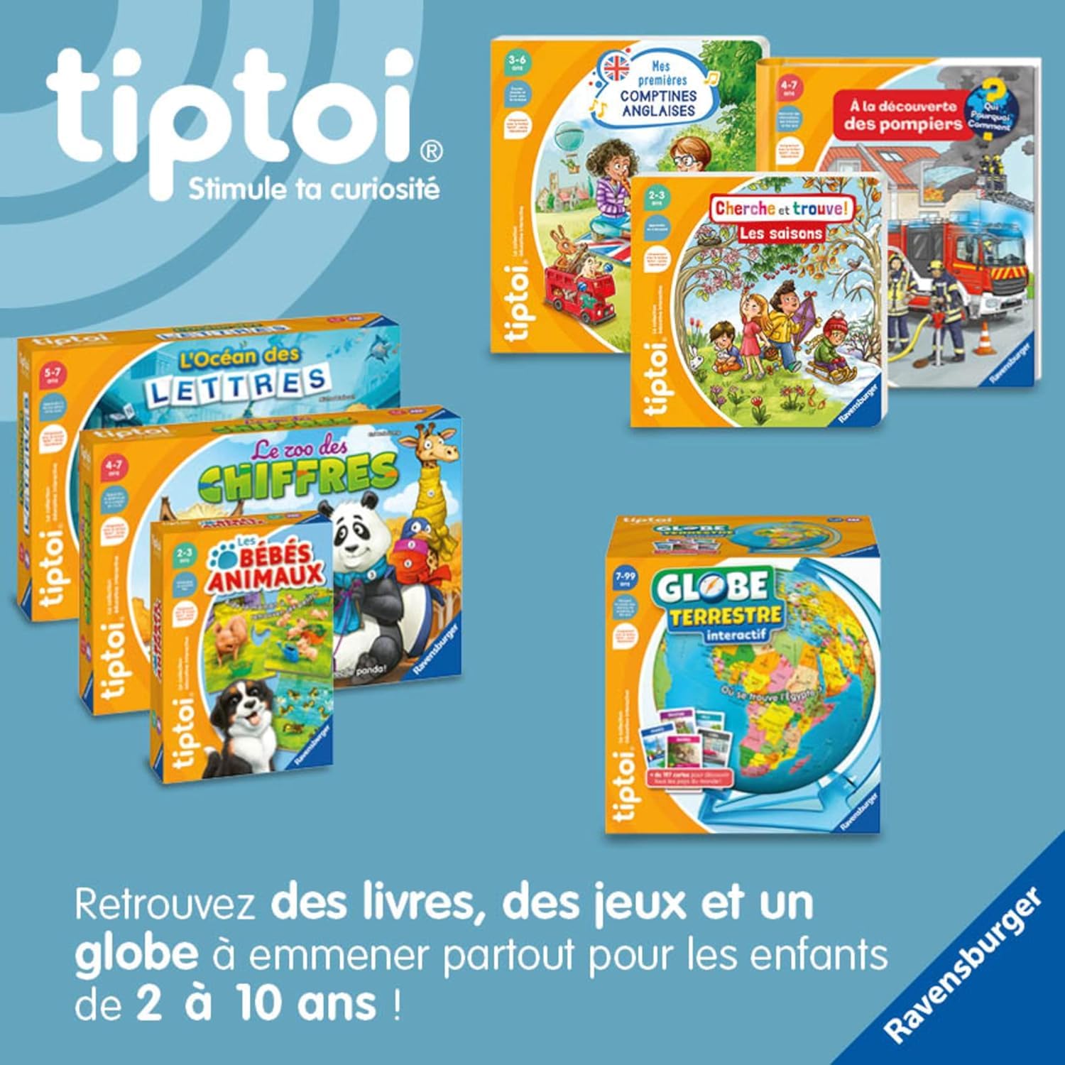 Ravensburger tiptoi Interactive Globe, juego educativo para niños sin pantalla, aprende geografía y el mundo, 200 cartas, a partir de 7 años, el lector tiptoi se vende por separado, versión en francés
