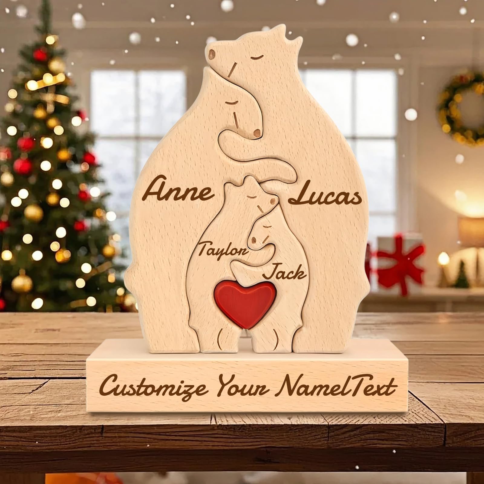 Personalized Wooden Bear Puzzle Custom Name with 2-7 Family Name Art Animal Jigsaw Sculpture Personalised Gifts for Mom Dad Grandma Mother’s Day Birthday Christmas Anniversary (Bear 1)