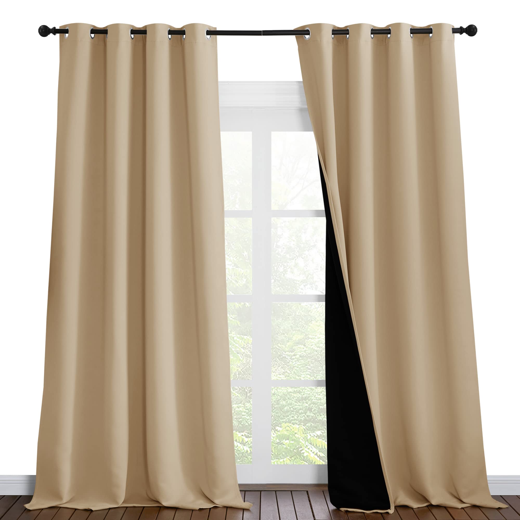 NICETOWN Thermal Insulated 100% Blackout Curtains, Noise Reducing Performance Drapes with Black Lining, Full Light Blocking Drapery Panels for Patio (Biscotti Beige, 1 Pair, 55 inches x 96 inches)