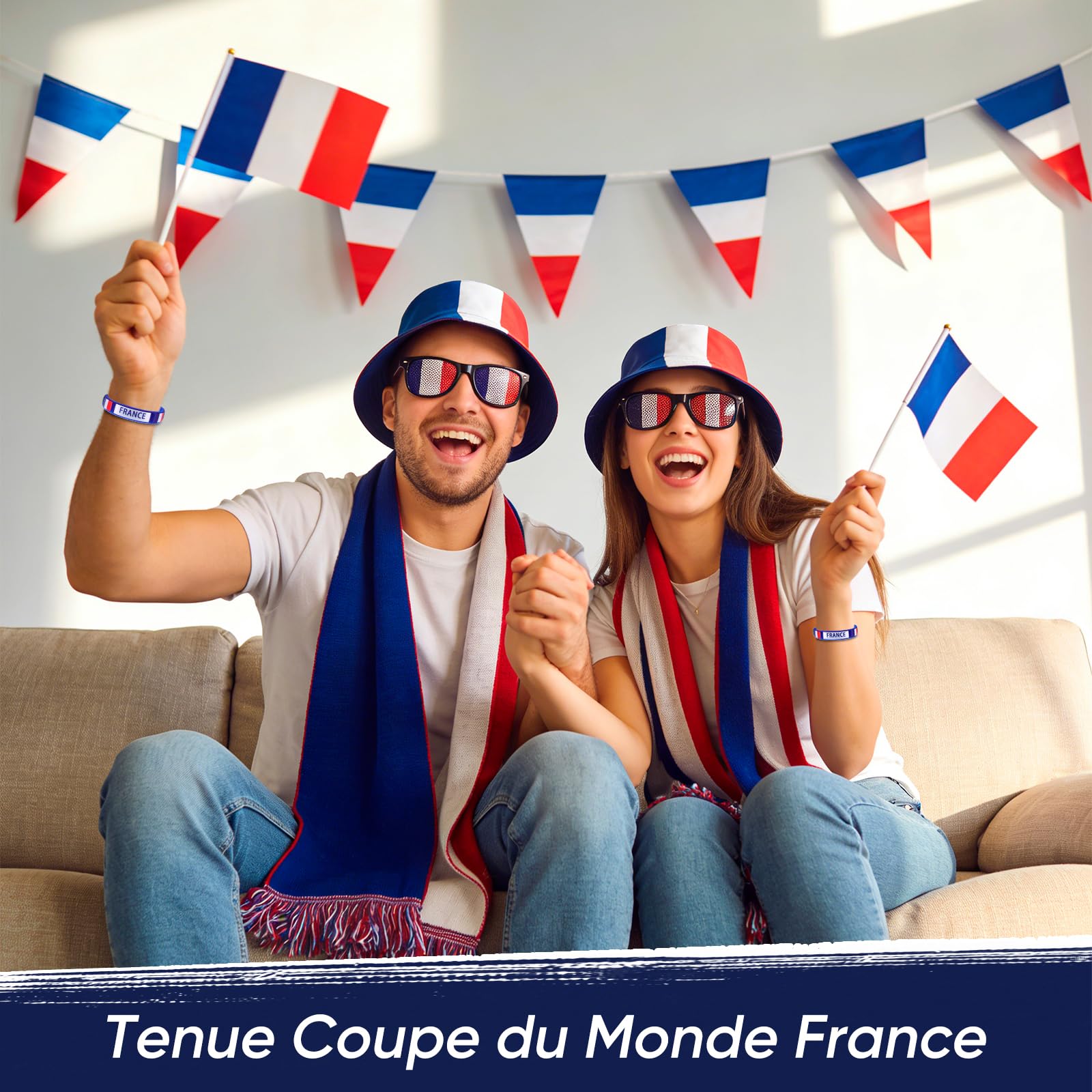 Kit Supporter France pour Grand Événement Football - Accessoires Football 6 Pièces incluant Chapeau de pêcheur Polyester, Lunettes Drapeau, 3 Pavillons à Main et Bracelet Tricolore pour Fan de Foot