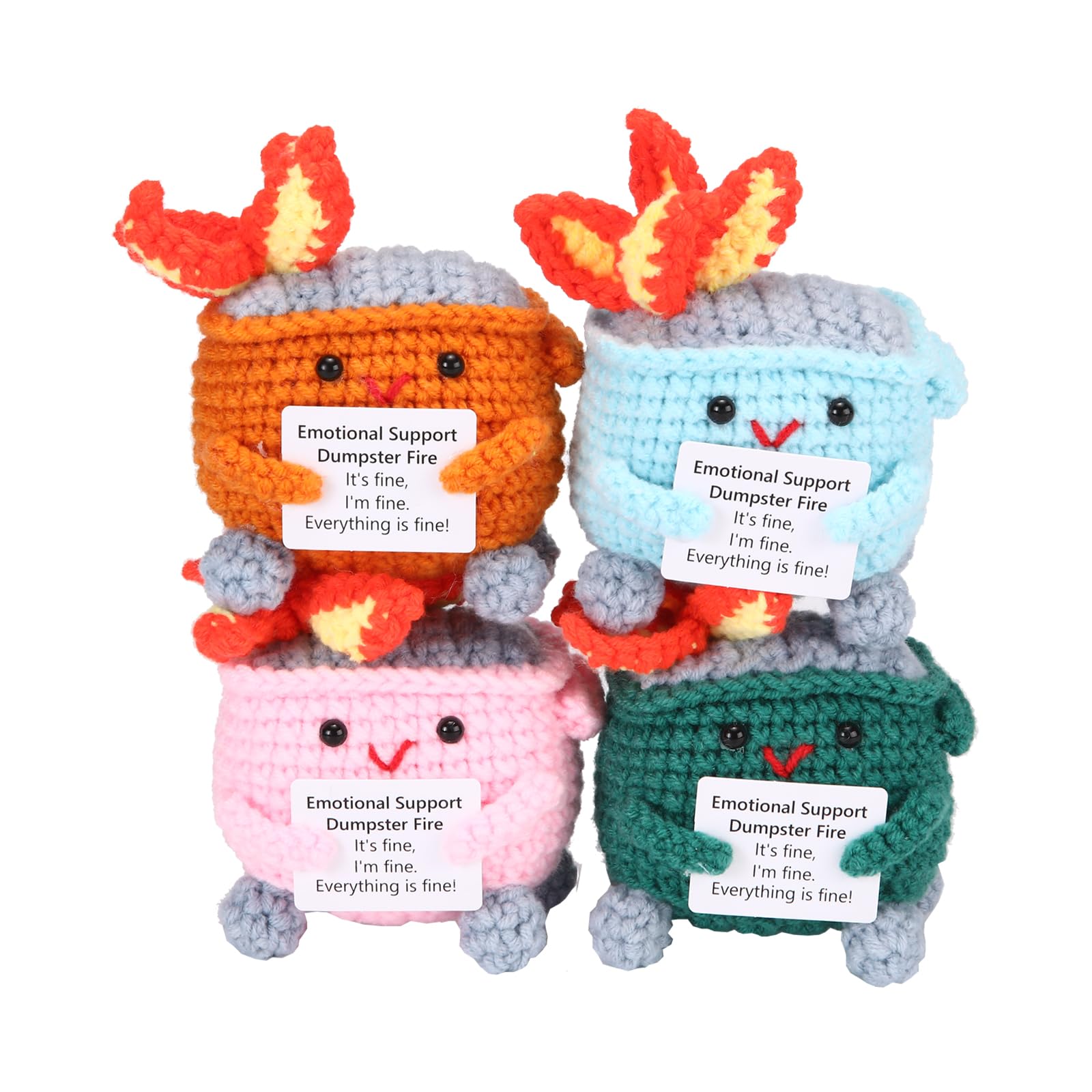 Emotional Support Crochet Dumpster Fire with Positive Card Cute Room Decor Knitted Toys Funny Crochet Support Buddies Gifts for Friends (Green&amp;Blue&amp;Pink&amp;Orange)