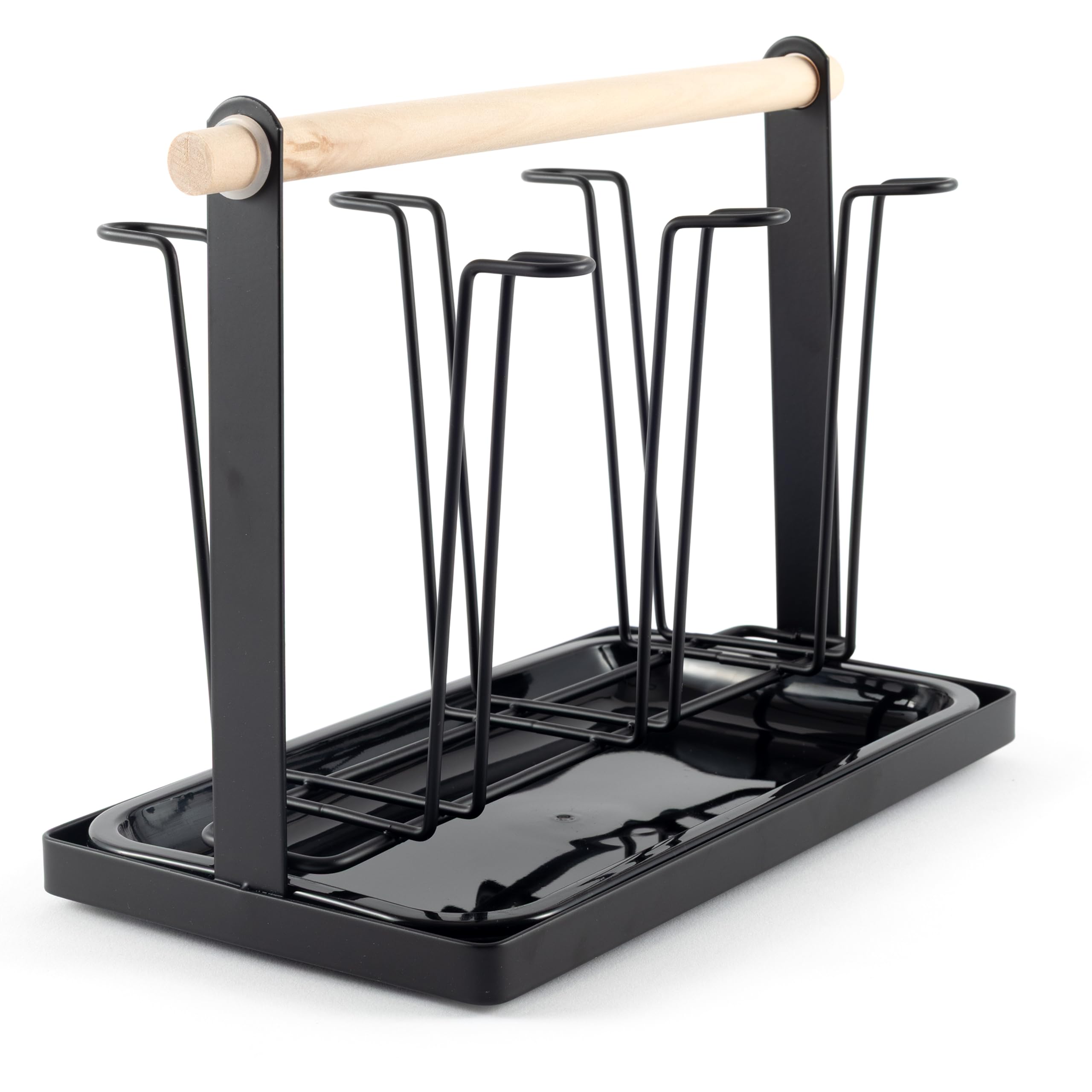 Hanseküche Black Matt Dish Drainer - High Quality Drip Tray for Tableware with Wooden Handles - Stainless Steel Dish Rack for Sink, Drip Rack (Bottle Holder Wood)