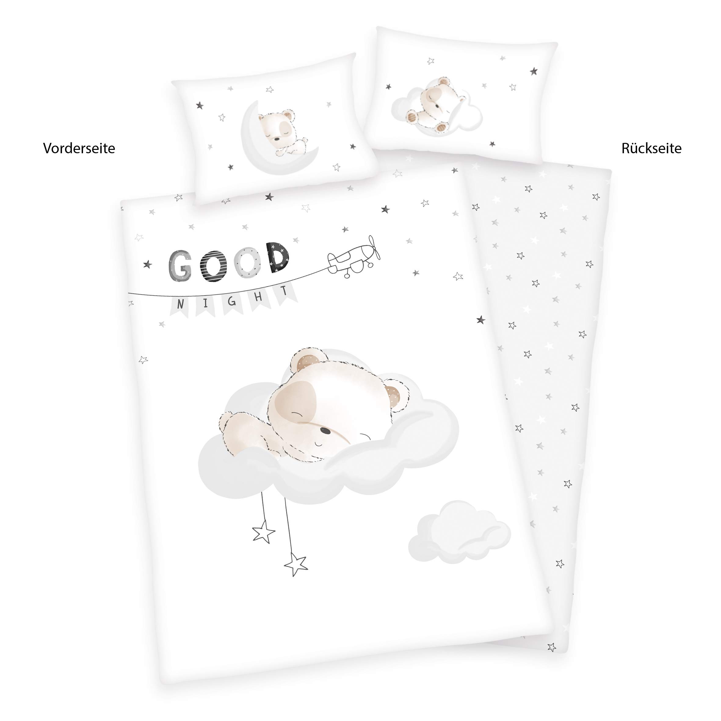 Herding Parure de Lit Réversible pour Enfants, Petit Ours Endormi, Housse de Couette 100x135 cm, Taie d'Oreiller 40x60 cm, Coton/Renforcé, Blanc