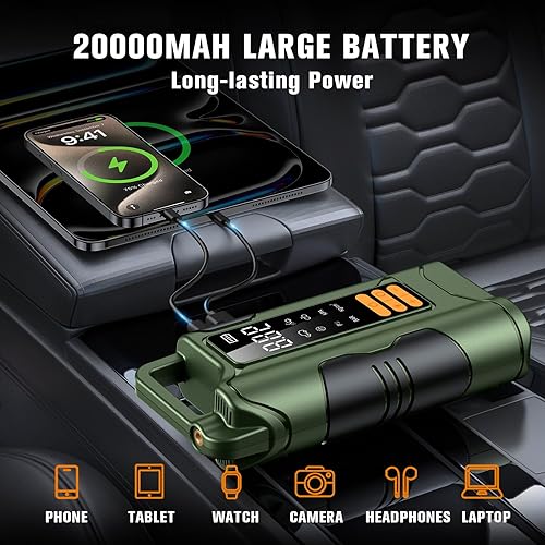 Miniatura 4 de Arrancador de coche  6000 A Peak Portable Jump Starter Power Pack, 4 modos de luces LED de salto seguro, compresor de aire para coche