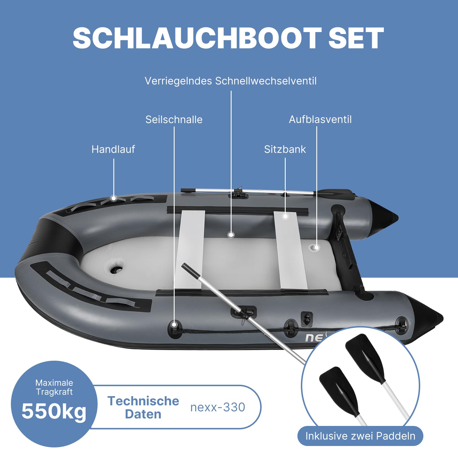 Professionelles Sportboot, Schlauchboot Anglerboot, NEXX 330cm mit Luftboden - Angelboot mit Tragetasche, hellgrau - inkl. 2 Paddel und Reperatur Kit