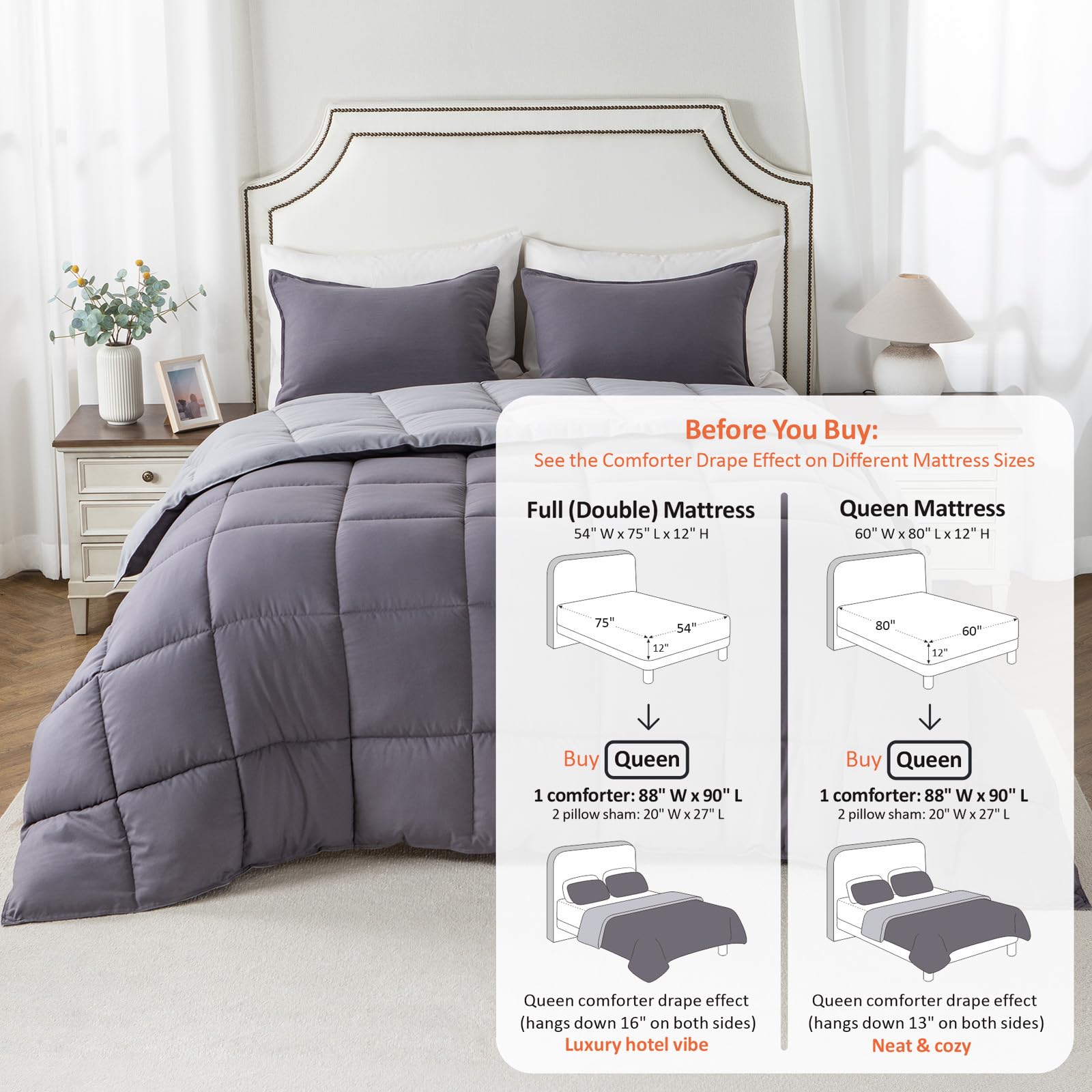 KASENTEX Set copripiumino reversibile per letto queen size, con 2 federe, con inserto in piuma alternativo con lacci agli angoli, leggero, ultra morbido, lavabile in lavatrice, per tutte le stagioni