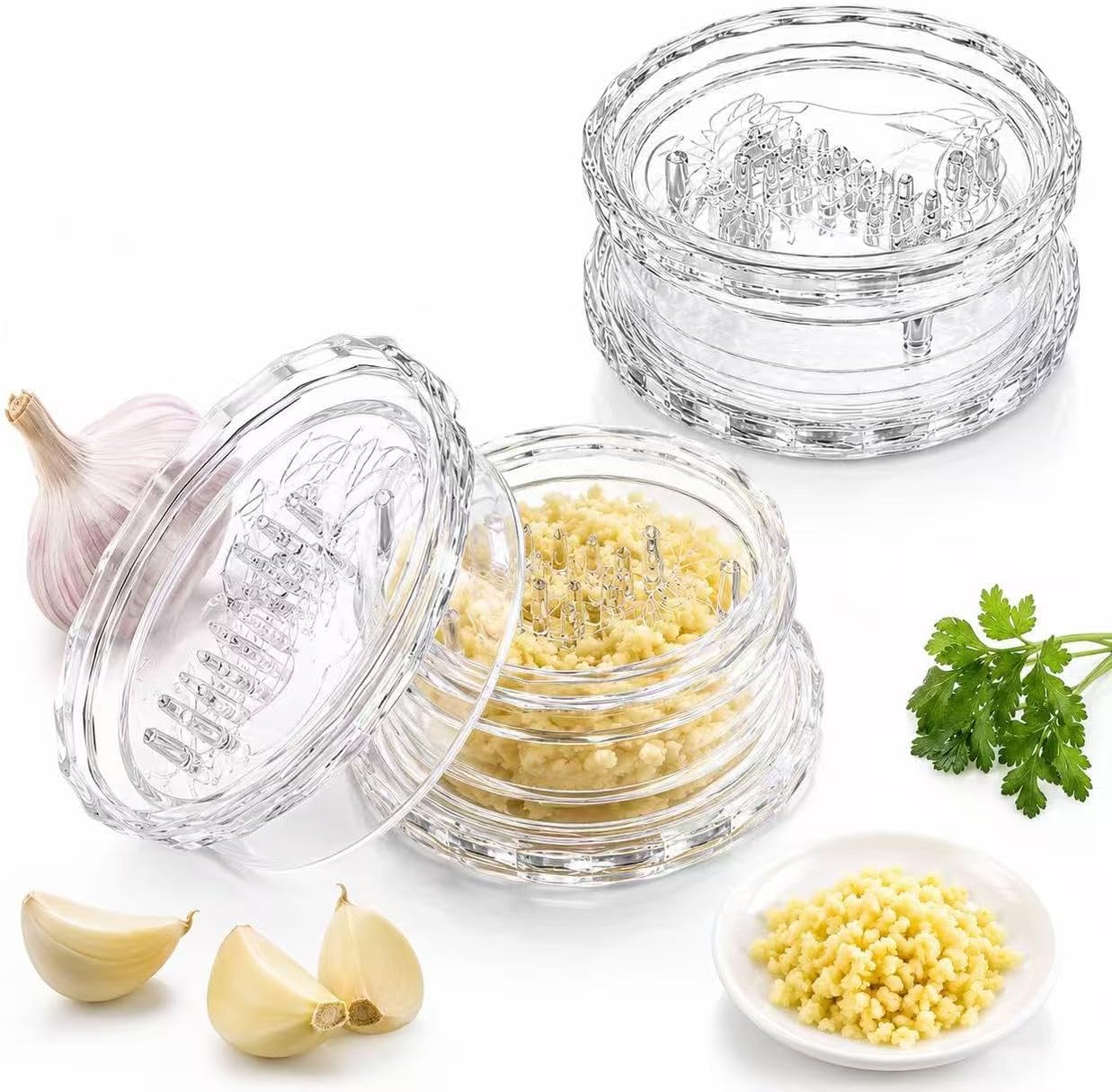 LKYC Garlic Twister 2 Pack, Clear Manual Garlic Mincer and Crusher, Handheld Food Chopper for Garlic, Ginger, Onion, Herbs and Small Nuts