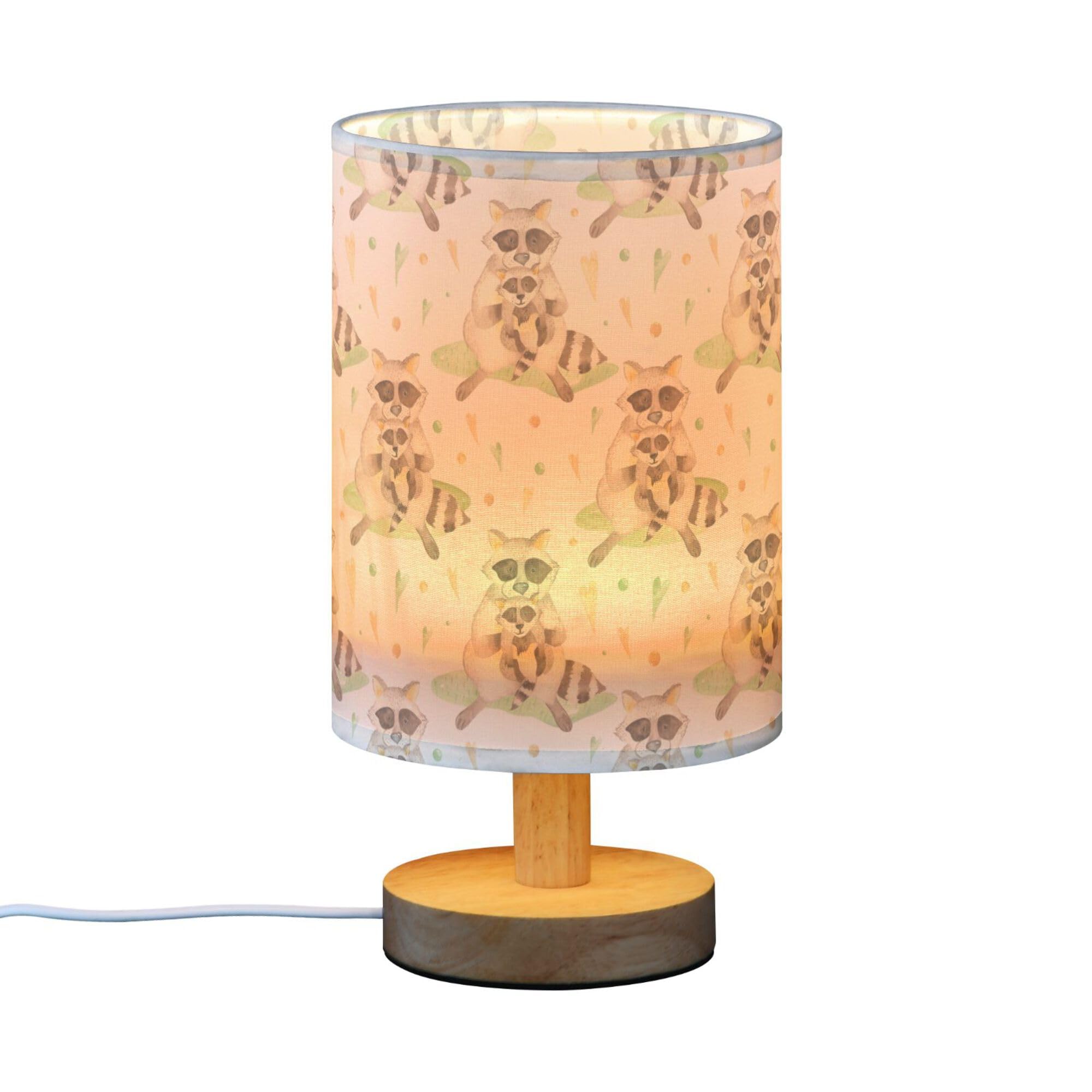 YYZZH Table Lamp Watercolor Raccoon and Baby Animal Pattern Nightstand Lamp with Wood Base Fabric Lamp Shade Bedside Desk Lamp for Living Room Bedroom Kids Room Office