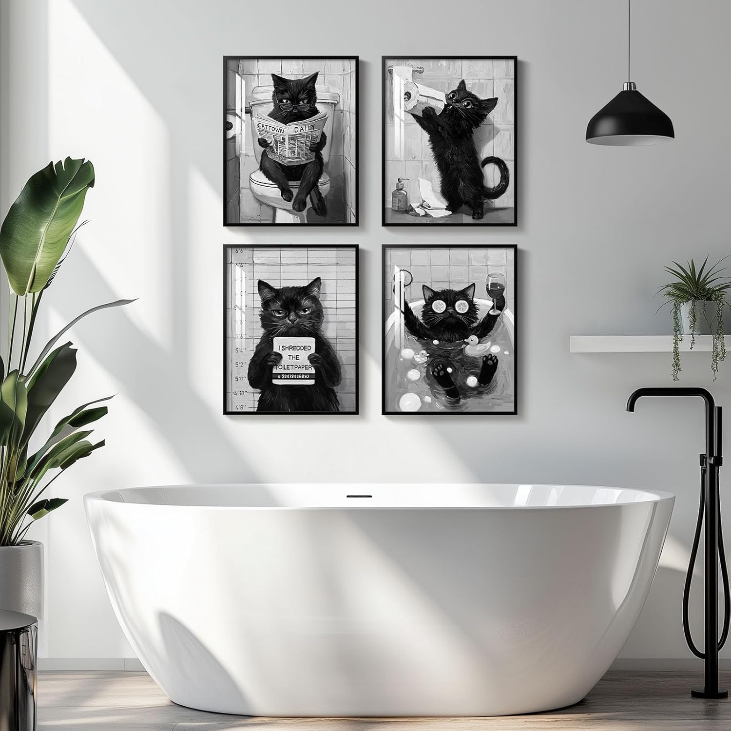 Framed Funny Cat Wall Art for Bathroom Decor, Set of 4 Piece Black and White Animal Prints Artwork for Walls, Fun Cute Black Cat Pictures for Bathroom Wall Decor 11x14 Inch