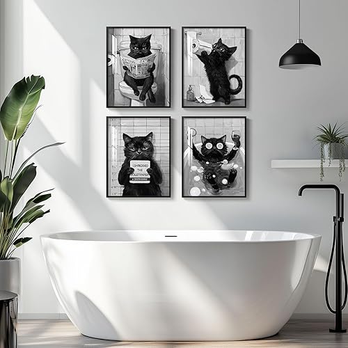 Miniatura 11 de Arte de pared divertido de vaca de las tierras altas enmarcado para baño, 4 piezas de divertidos animales, impresiones artísticas azul marino, linda