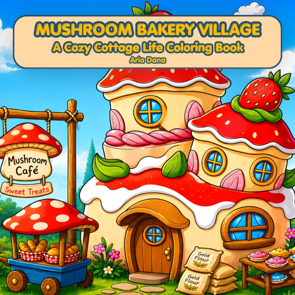 Mushroom Bakery Village A Cozy Cottage Life Coloring Book for Adults & Kids: Charming Bakery Scenes, Whimsical Cottages & Delightful Village Life Art Pages (Mushroom Cottage Life Coloring Collection)