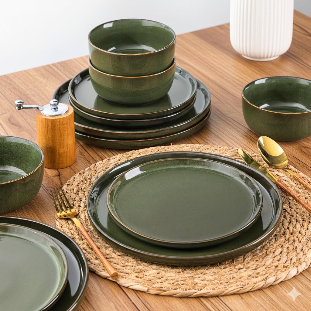 AmorArc Stoneware Dinnerware Sets,Round Reactive Glaze Plates and Bowls Set,Highly Scratch Resistant | Dishwasher & Microwave Safe Dishes Set,Service for 8 (24pc)