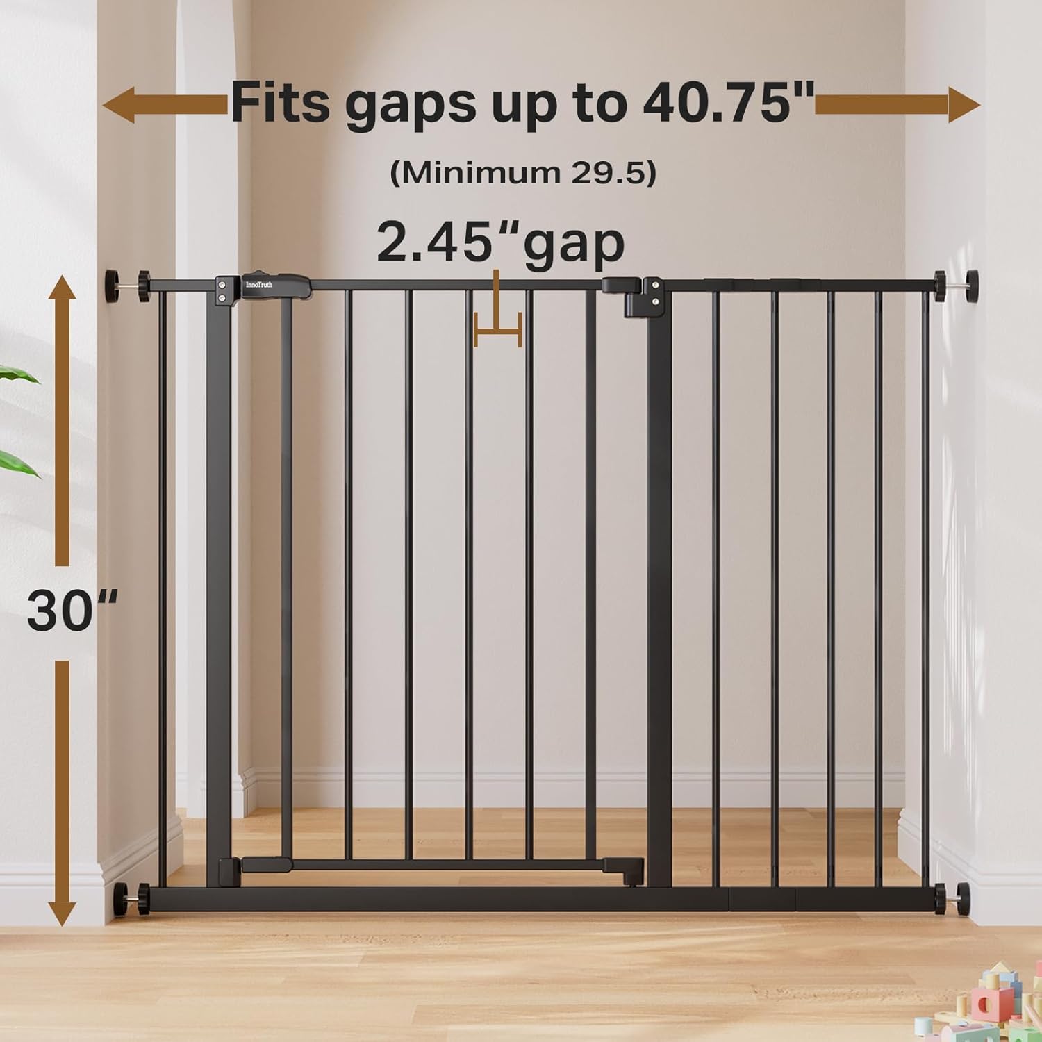 InnoTruth 29.5–40.75 Baby Gate for Stairs, 30 Tall Dog Gates for Doorways & Hallways, Safety Gate for Kids & Pets, Pressure-Mounted Walk-Through with Dual Lock & 2-Way Swing, Black