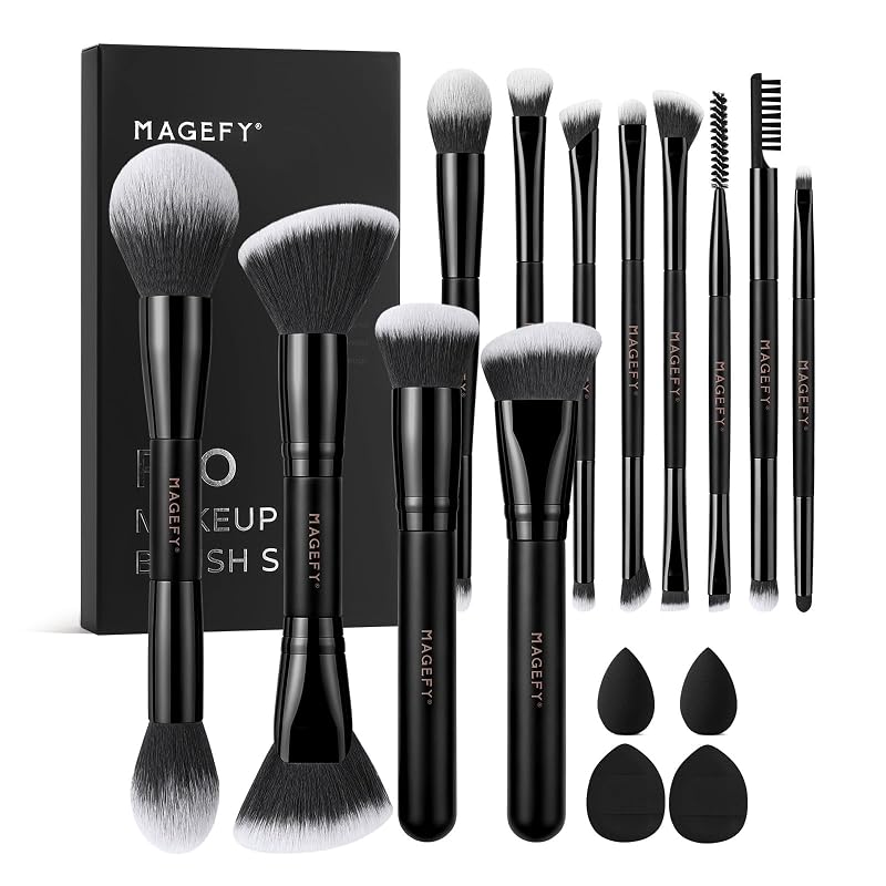 Kit de Pincéis de Maquiagem MAGEFY com 16 Peças, Dupla Extremidade e Estojo para Presente – Preto