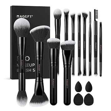 MAGEFY Makeup Brushes 16 Pcs Professional Makeup Brush Set Double-End Make Up Brushes for Powder Concealers Eye Shadows Blush with Gift Box - Black