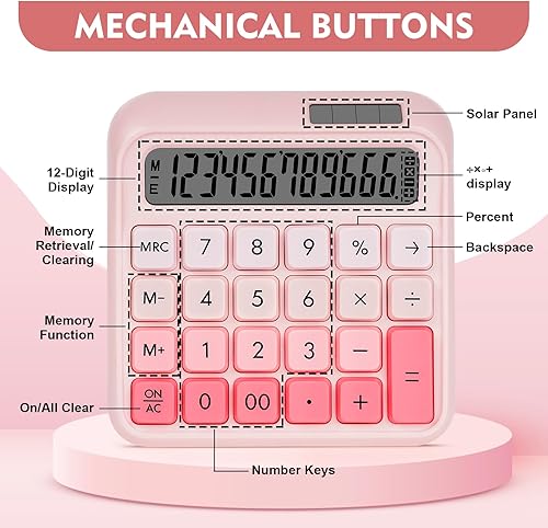 Miniatura 5 de Calculadora de interruptor mecánico, calculadoras de escritorio, calculadoras rosas botones grandes, pantalla LCD grande de 12 dígitos, energía dual