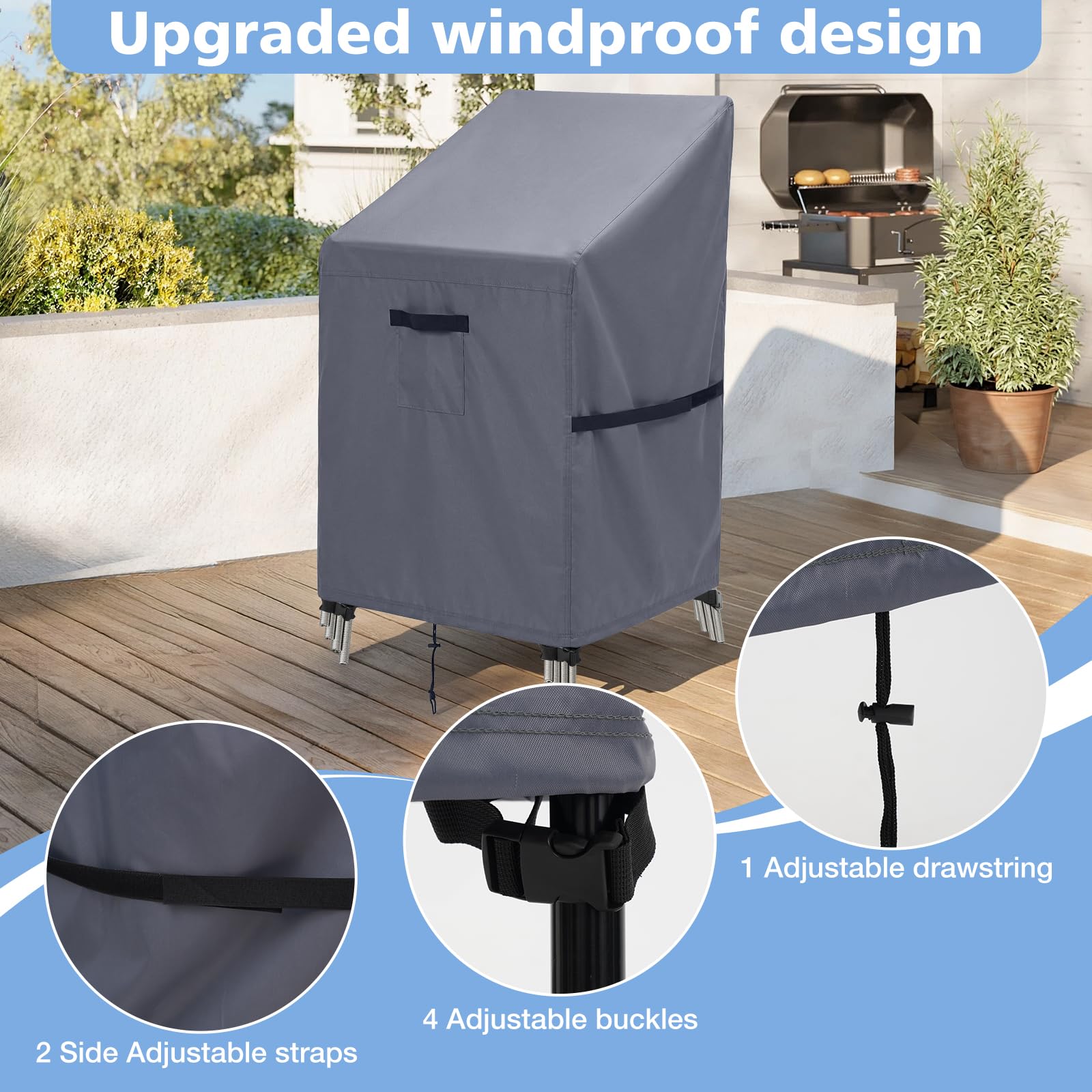GARPROVM Funda para Sillas de Jardín 2 Pack, 70x70x80/120cm Cubierta para Sillas Apilables, Tela Oxford Impermeable de Funda con Ventilación para Sillas de Balcón y Terraza, Gris
