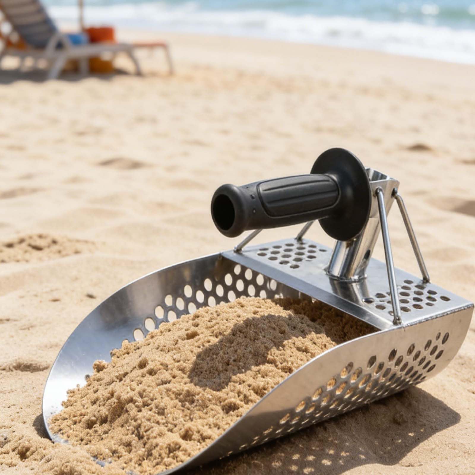 Łopatka do piasku do wykrywania metalu 304 ze stali nierdzewnej zdejmowana szufelka do poszukiwania skarbów z przesiewaczem, wytrzymała łopata do kopania na plaży, srebrna