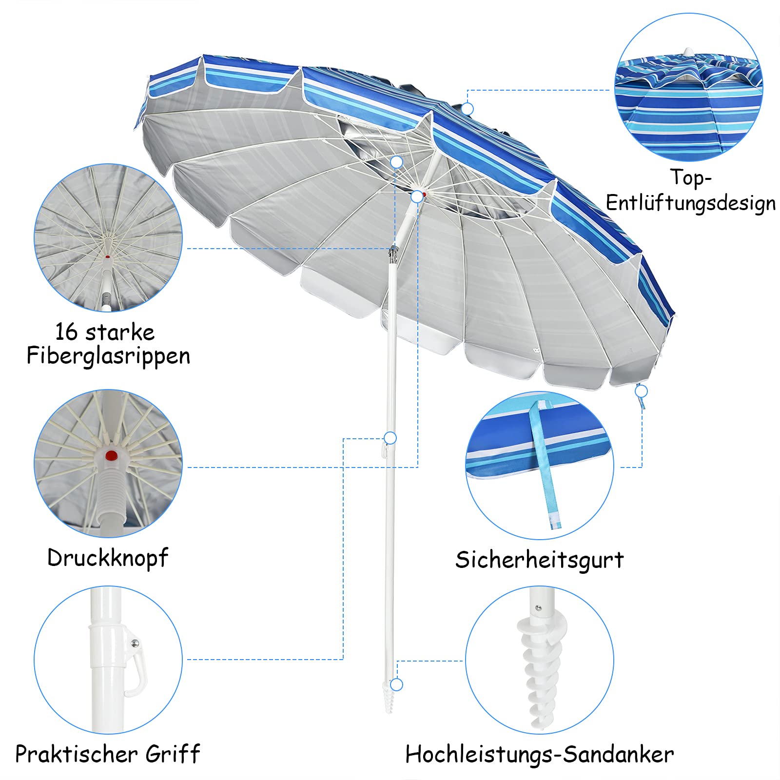 GOPLUS Strandschirm, Sonnenschirm um 30° knickbar, Gartenschirm UV 50+, Tischschirm mit Bodenhülse, Marktschirm Terrassenschirm, inkl. Schutzhülle, 8 Rippen Fiberglas