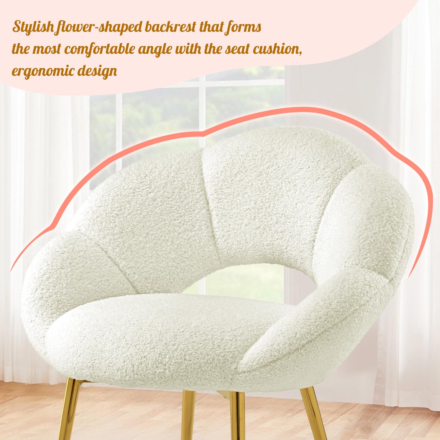 Schminktisch Stuhl, Teddy-Stoff Relaxsessel & Lesesessel, Schminkstuhl in Blumenform, Luxus Loungesessel für Arbeitszimmer, Schlafzimmer, Wohnzimmer, Balkon (Teddy-Stoff, Beige)
