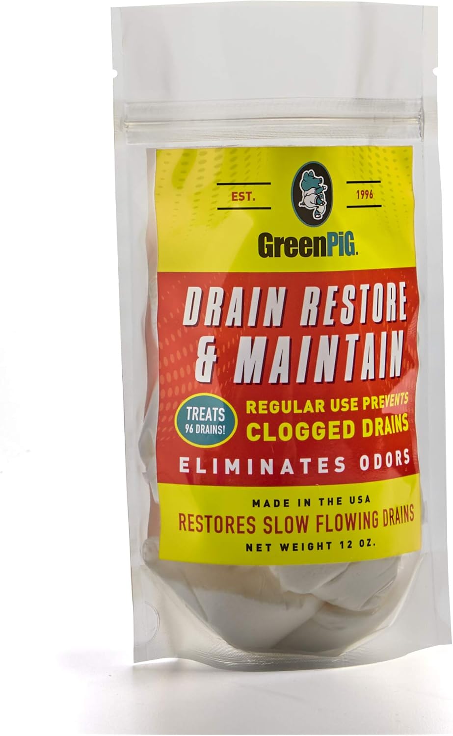 GREEN PIG Drain Clog Remover, Garbage Disposal Cleaner and Deodorizer, 58 Restore Maintain Treatment Repairs Clogged Drain, Eliminates Odors, Safe for Regular Use, 12 Packets
