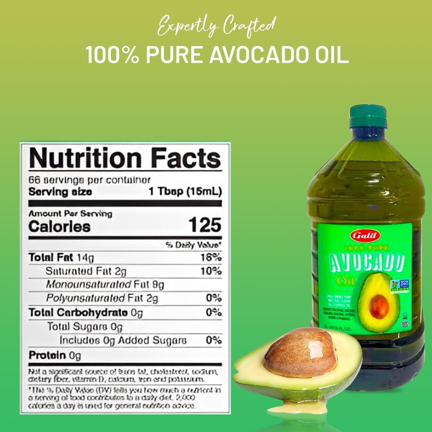Galil 100% Pure Avocado Oil - High Smoke Point 500°F Non-GMO, Vegan, Halal Certified - Perfect for Cooking, Baking, Sautéing, Dressings & Marinades, Rich in Healthy Fats - 2 Liter Bottle