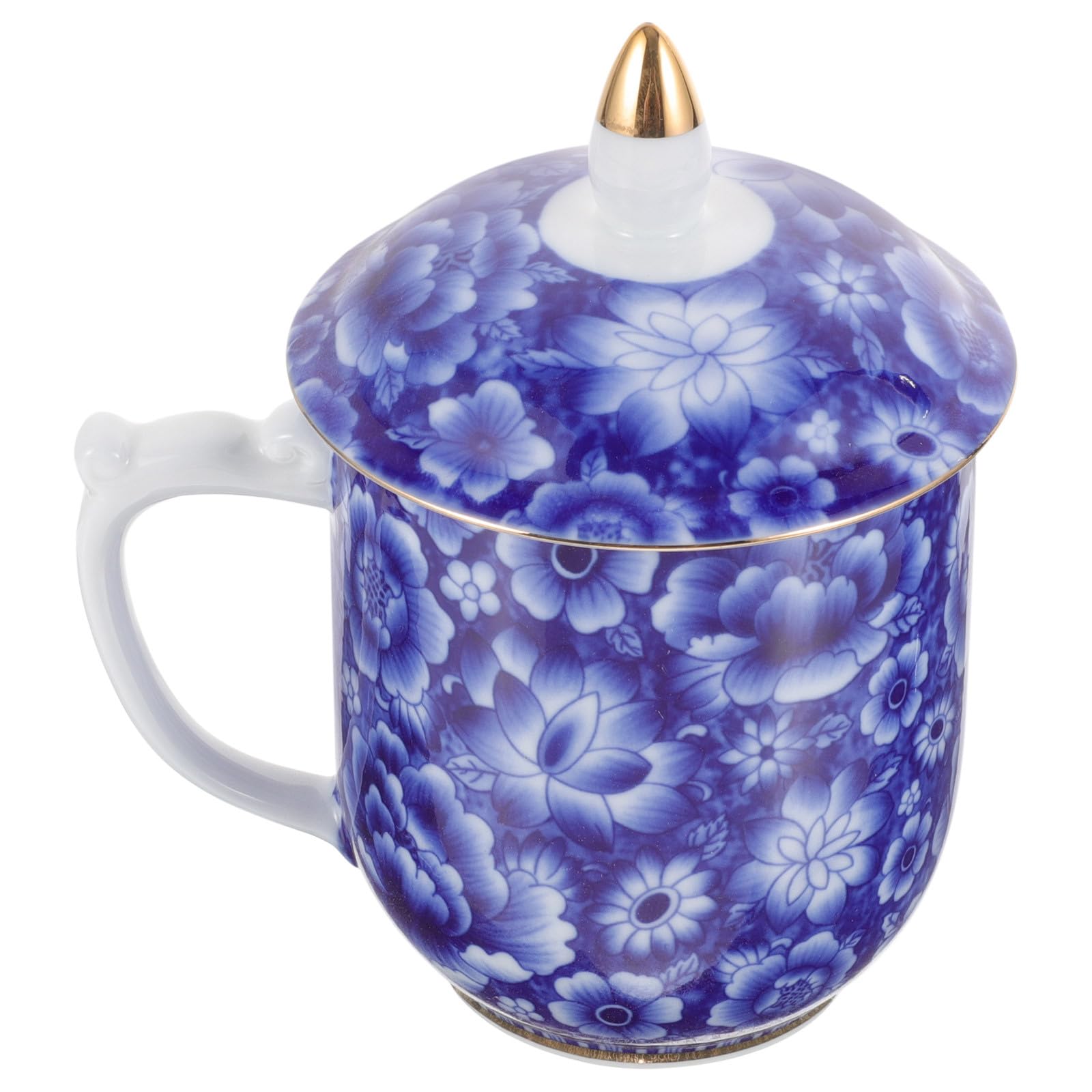 NUOBESTY Elegante Chinesische Teetasse aus Keramik mit Deckel und Sieb Vintage Teebecher für Büro und Studentenwohnheim Feine Details Blauer Klassischer Stil