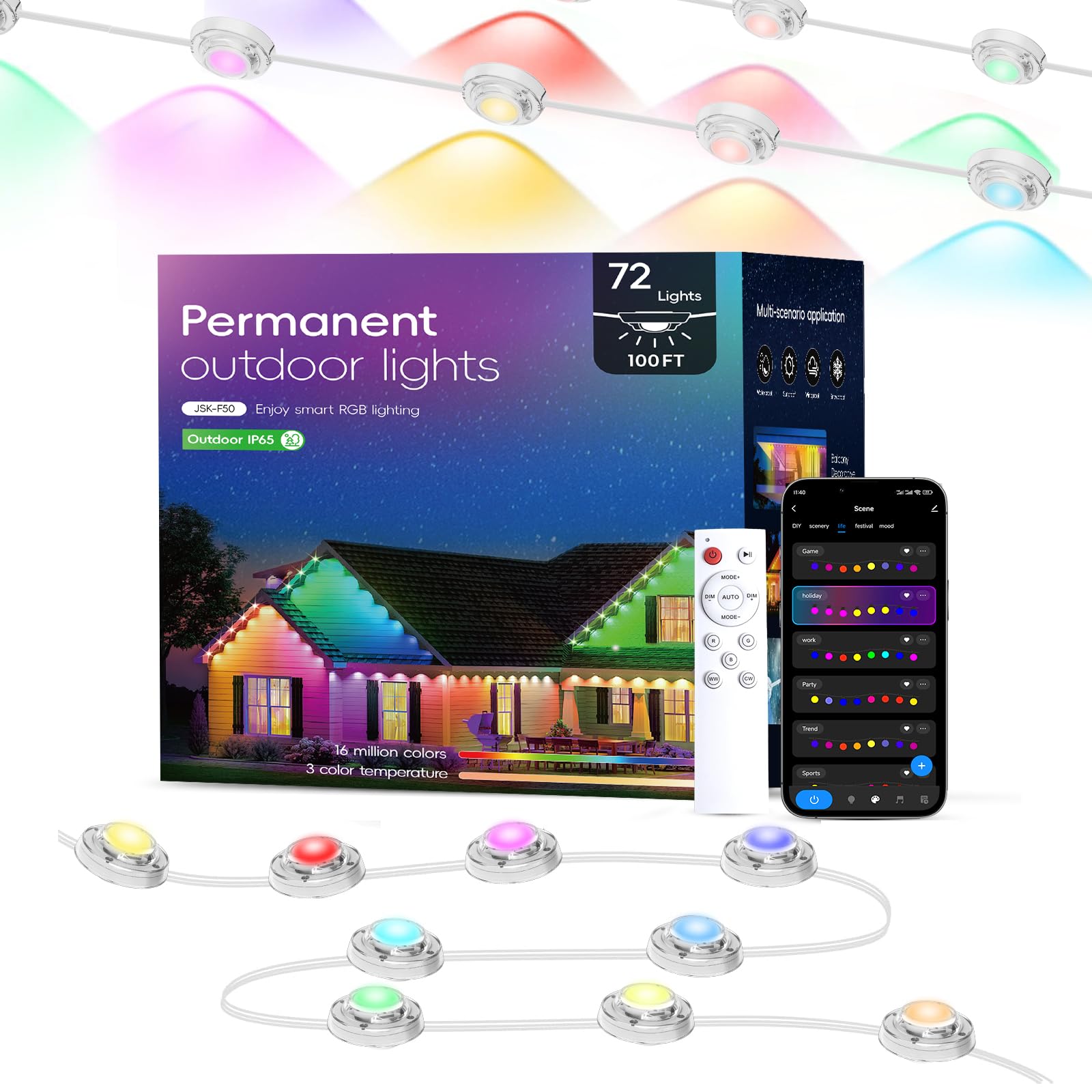 TSOCOS 100ft Smart Outdoor LED Lights With Remote, IP65 Waterproof String Lights, RGB Eaves for Halloween Christmas Decorations