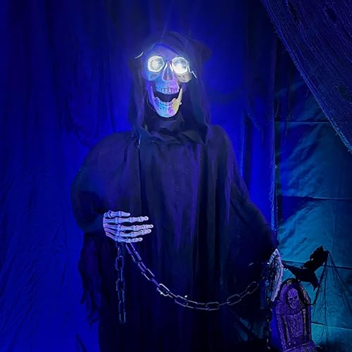 Miniatura 3 de Haunted Hill Farm Parca aterradora de tamaño real con cadena, animatrónica de Halloween con luces y sonidos activados por el tacto, funciona