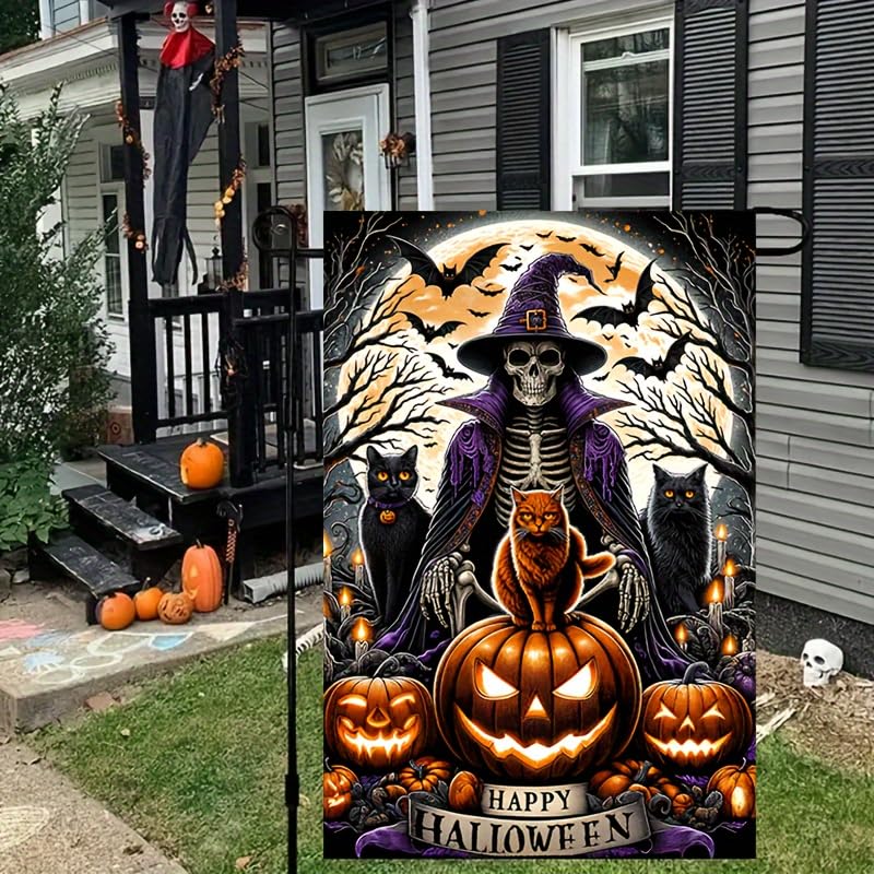 Image of Blissyard Halloween Garden Flag - Double Sided 12x18 with Ghost, Skull, Wizard, Skeleton Cats, Pumpkins, Bats - Spooky Outdoor Scary Yard Decor