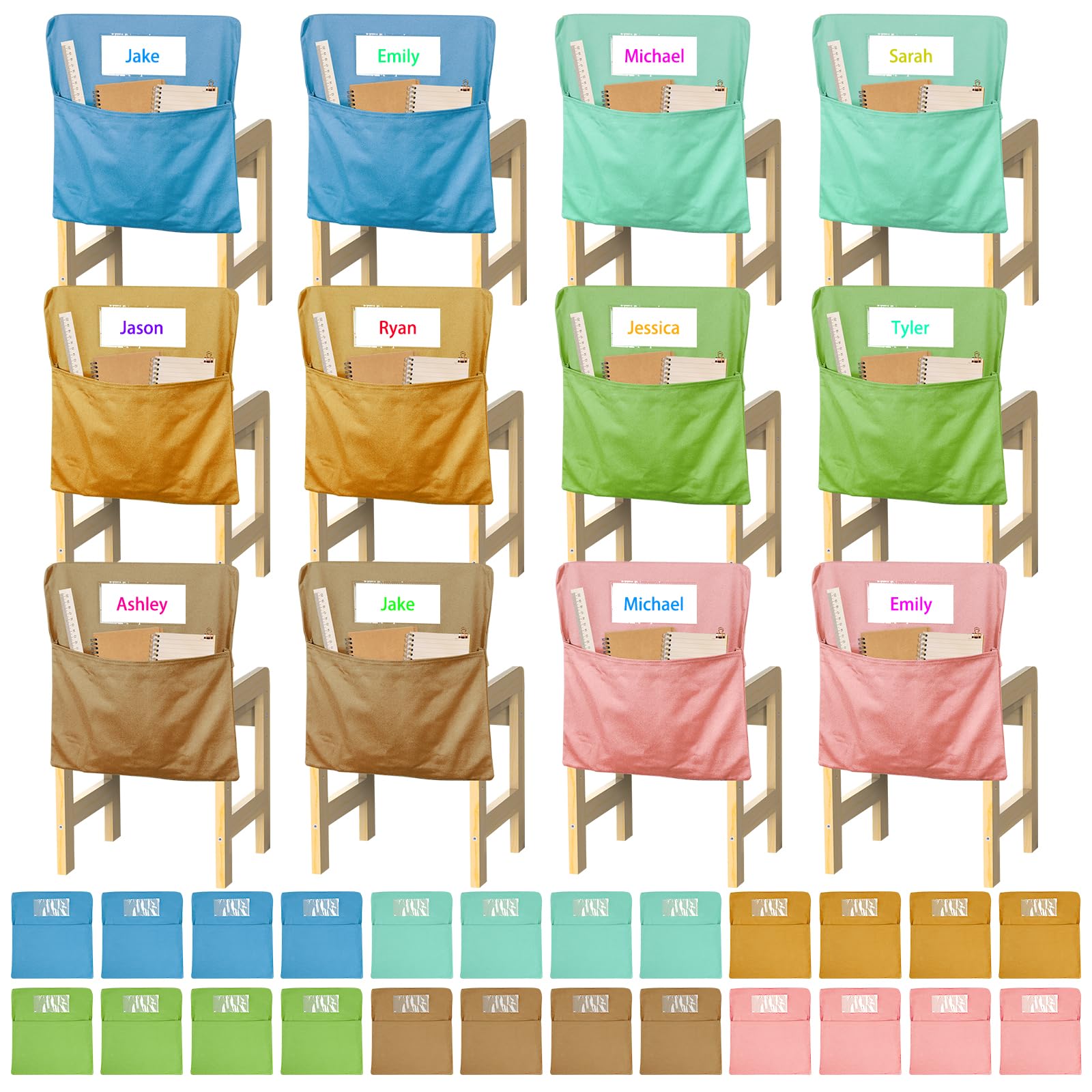 YZiCHENQQ 24 PCS Chair Pockets for Classrooms, 17"x15.7" Student Chair Organizers for Seating and Storage, Durable Seat Sacks for K-2, School and Home Use (Morandi 6 Colors, Small)