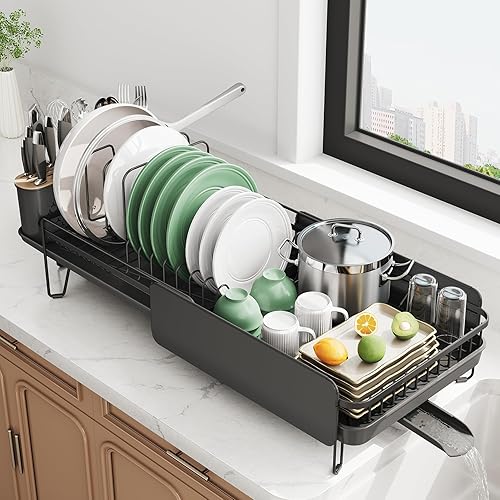 SNTD Escurridor grande de platos Escurridor de platos extensible (19.3 a 29.4 pulgadas) para encimera de cocina, escurridor de platos de acero