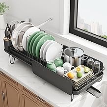 SNTD Large Dish Drying Rack - Expandable (19.3" to 29.4") Dish Rack for Kitchen Counter, Stainless Steel Dish Drainer with Utensil Holder, Pan Holder & Pot Lid Holder, Black