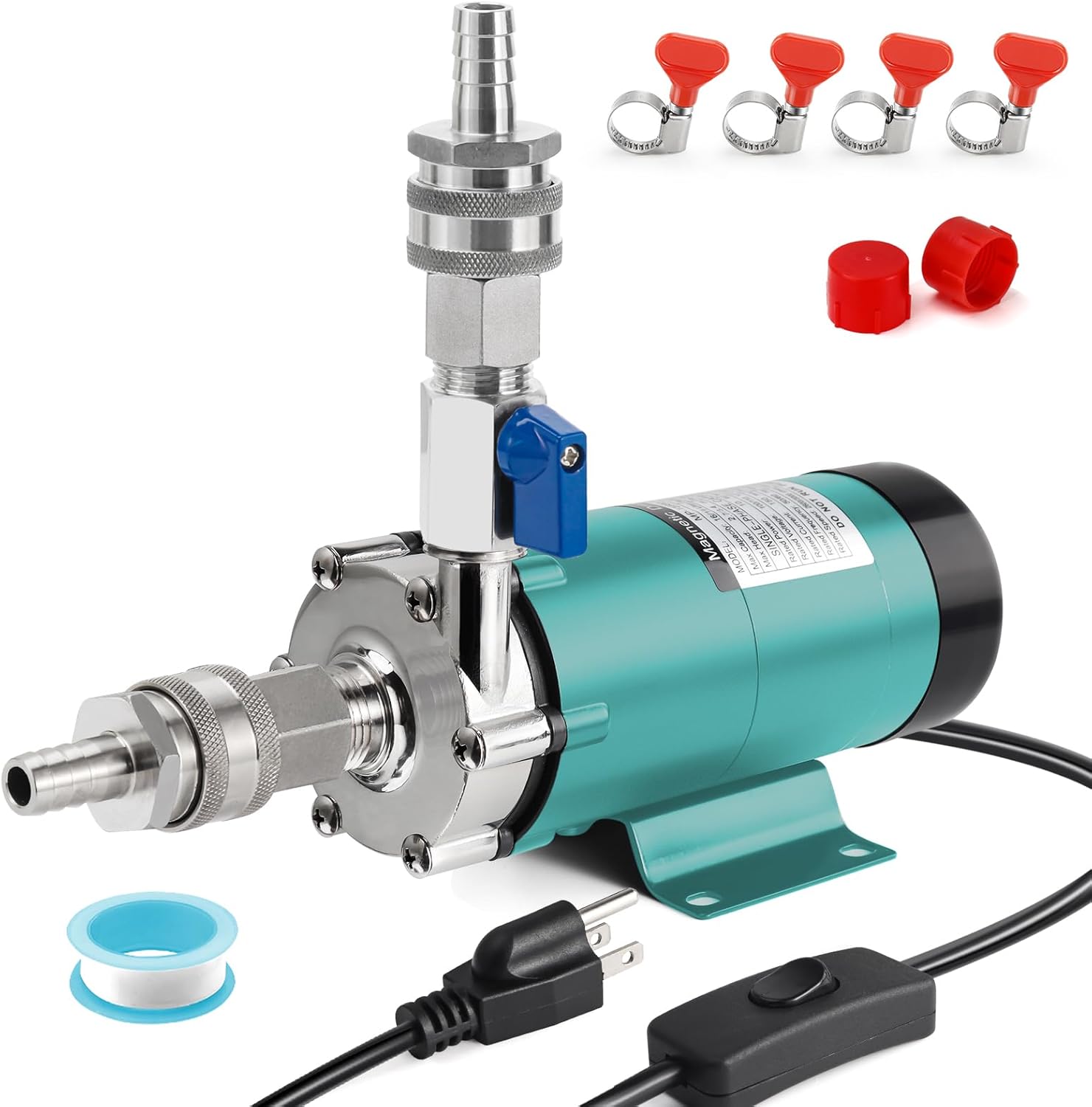 MRbrew Wort Pump Quick Disconnect Set for Wort Transfer, Magnetic Stainless Steel Beer Pump Brew with 1/2” NPT Thread & Ball Valve High Temperature Resistance for Homebrew Brewing (Green)