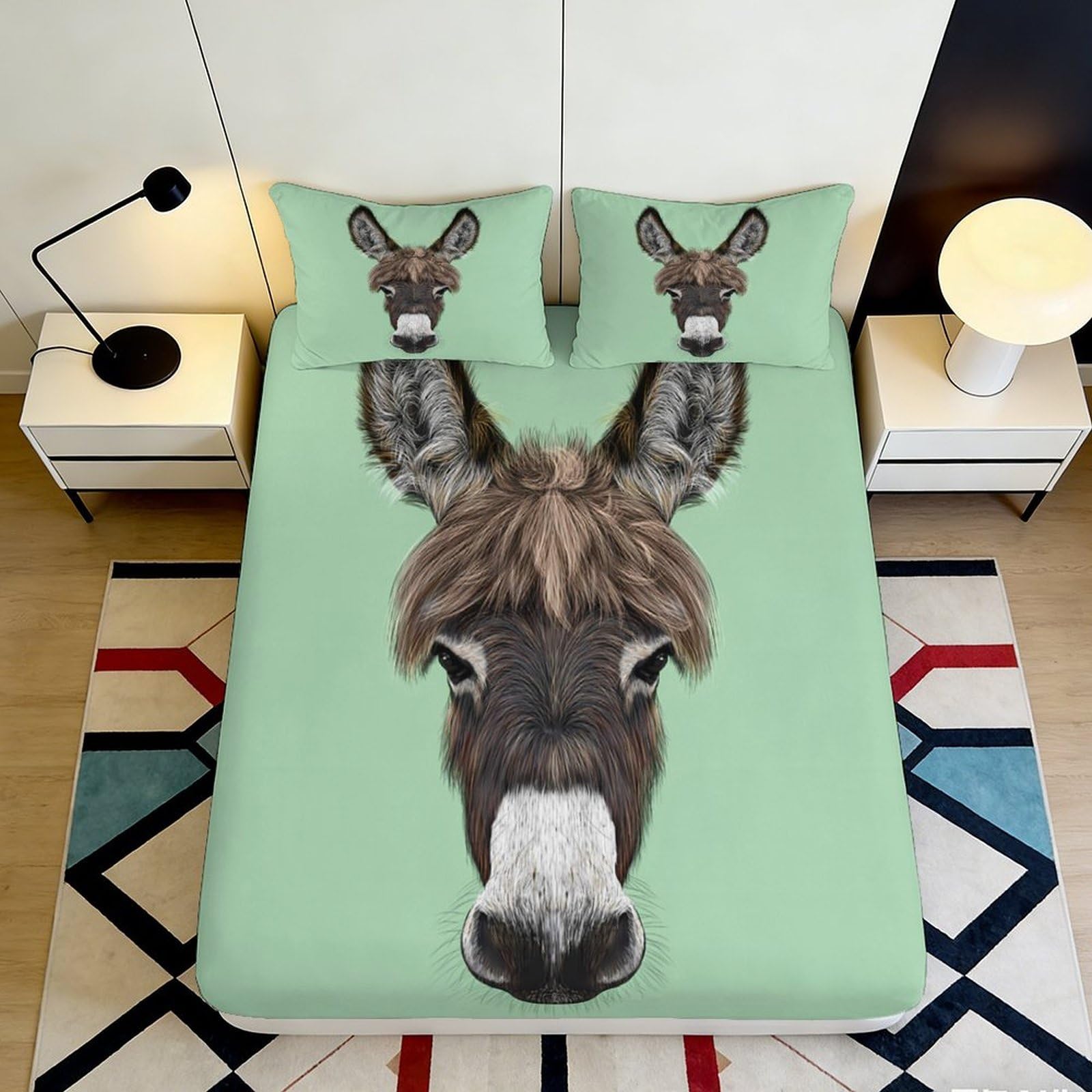 3D Printed Donkey Face Fitted Sheet Microfiber Green Animal Bed Cover for Bedroom Guest Room Decor Protection 90x200x25cm