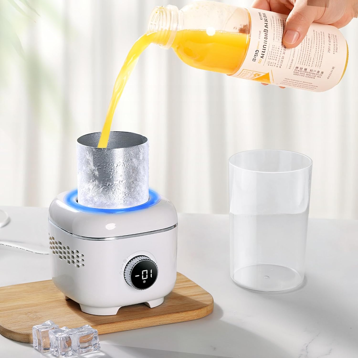 Cooling Cup with Mood Light,Beverage Cooler with Insulated Cover, 2-in-1 Cooling Cup for Desk(Cooling&Heating),Electric Drink Cooler for Cola Beer Coffee Juice Yogurt -White