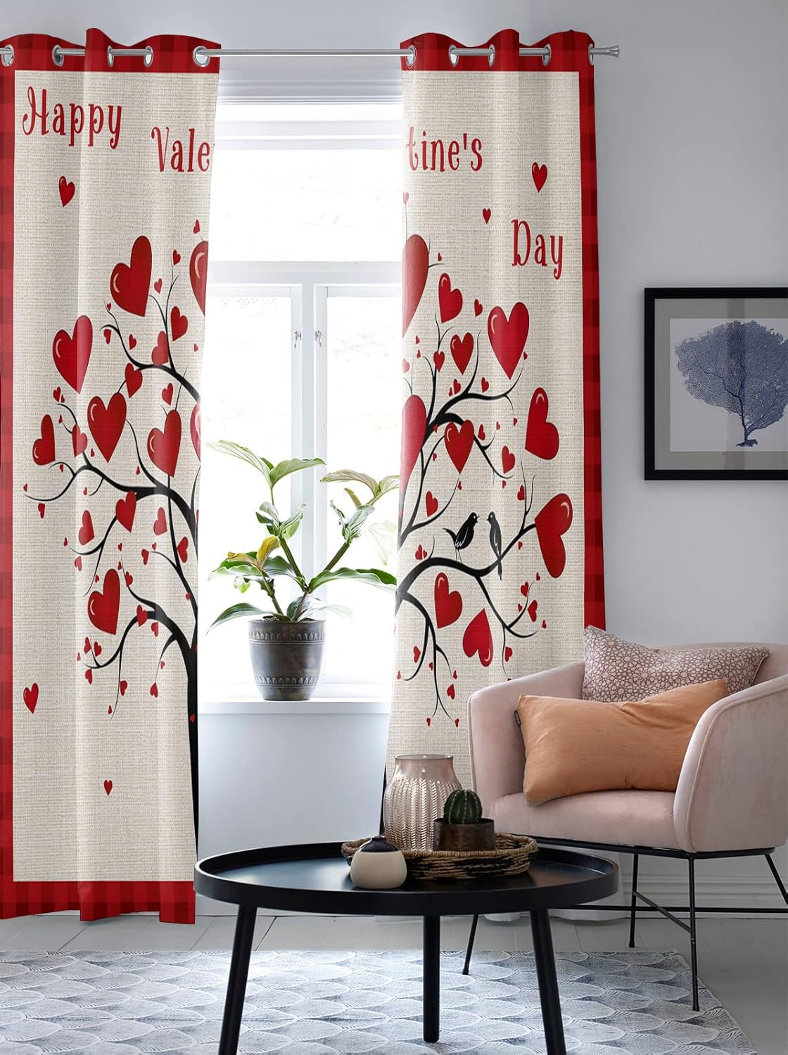 Valentine's Day Window Curtain Romantic Love Tree Windows Drapes Panel, Vintage Beige Burlap Light Filtering Kitchen Cafe Curtains Drape Treatment Set of 2 with Grommet Top