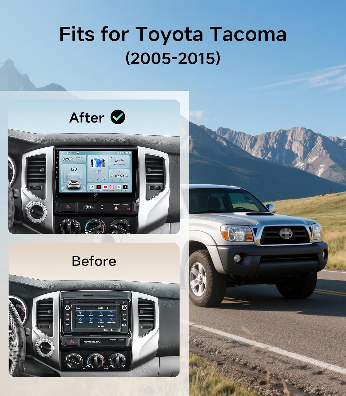 9" Car Stereo Radio for Toyota Tacoma 2005-2015 | Wireless CarPlay Android Auto | 5G WiFi GPS Navigation | IPS HD Touchscreen | Bluetooth/FM/SWC | Plug & Play with 1080P Backup Camera