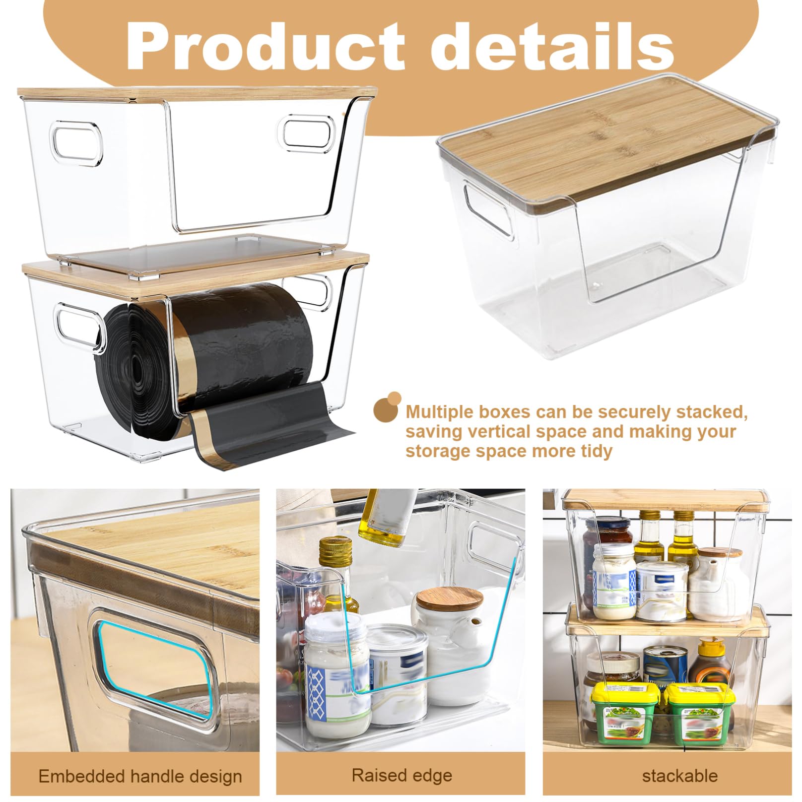 Dispensador de bolsas de basura, 2 unidades, apilables, de gran capacidad, con frente abierto, con tapas de bambú y asa para organización de cocina, lavandería