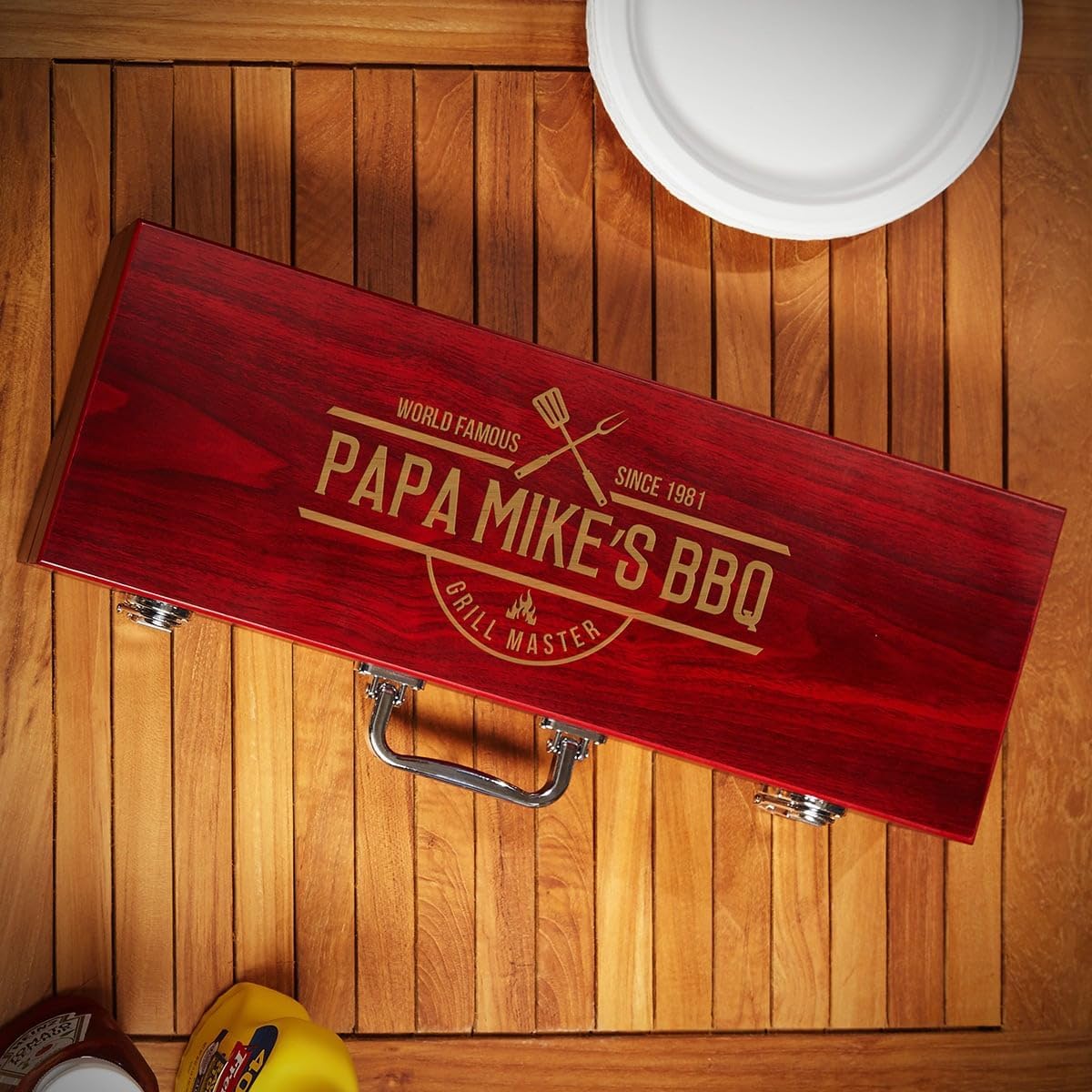 Personalized Outdoor Grill Accessories with Wood Box for Family Parties and Camping by HomeWetBar - Custom Barbecue Tools for Grilling