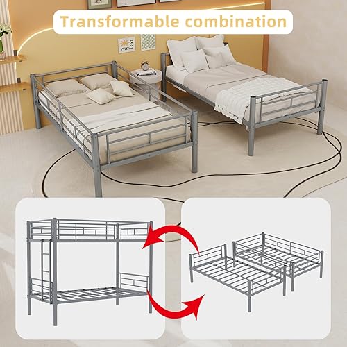 Miniatura 57 de GNIXUU Literas de tamaño individual sobre matrimonial, marco de literas bajas de metal resistente con barandilla de seguridad y escalera para