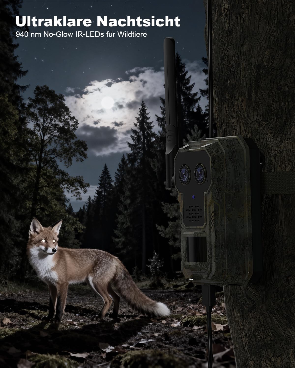 4G LTE Wildkamera mit Handyübertragung App 2.5K Solar Wildtierkamera mit eSIM Karte, Nachtsicht, Bewegungsmelder, Weitwinkel- und Teleobjektive, 7800mAh Akku, IP66 Wasserdicht