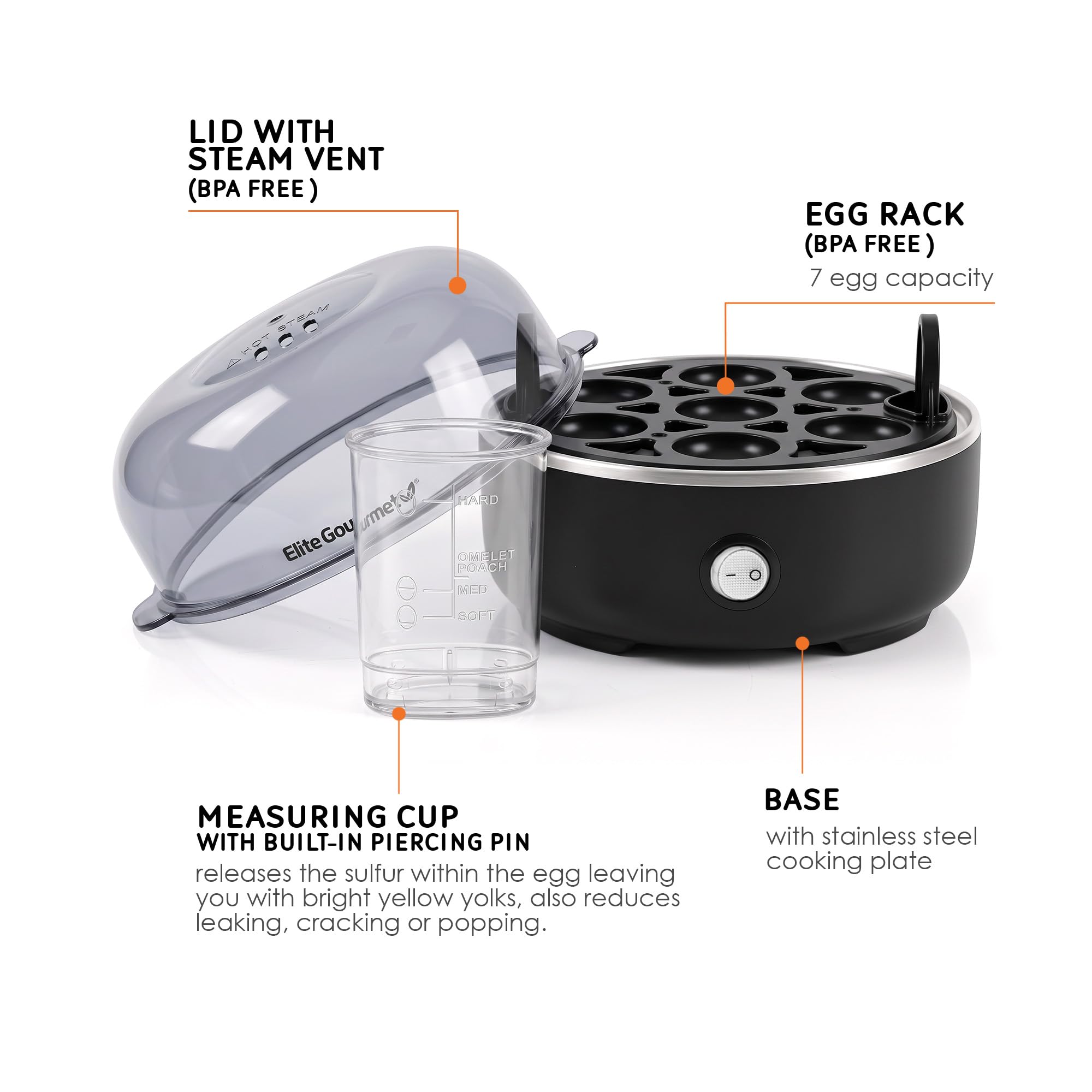Elite Gourmet EGC115B - Cocina de huevos eléctrica de 7 huevos, suave, mediano, duro con apagado automático, taza de medición incluida, sin BPA, negro clásico