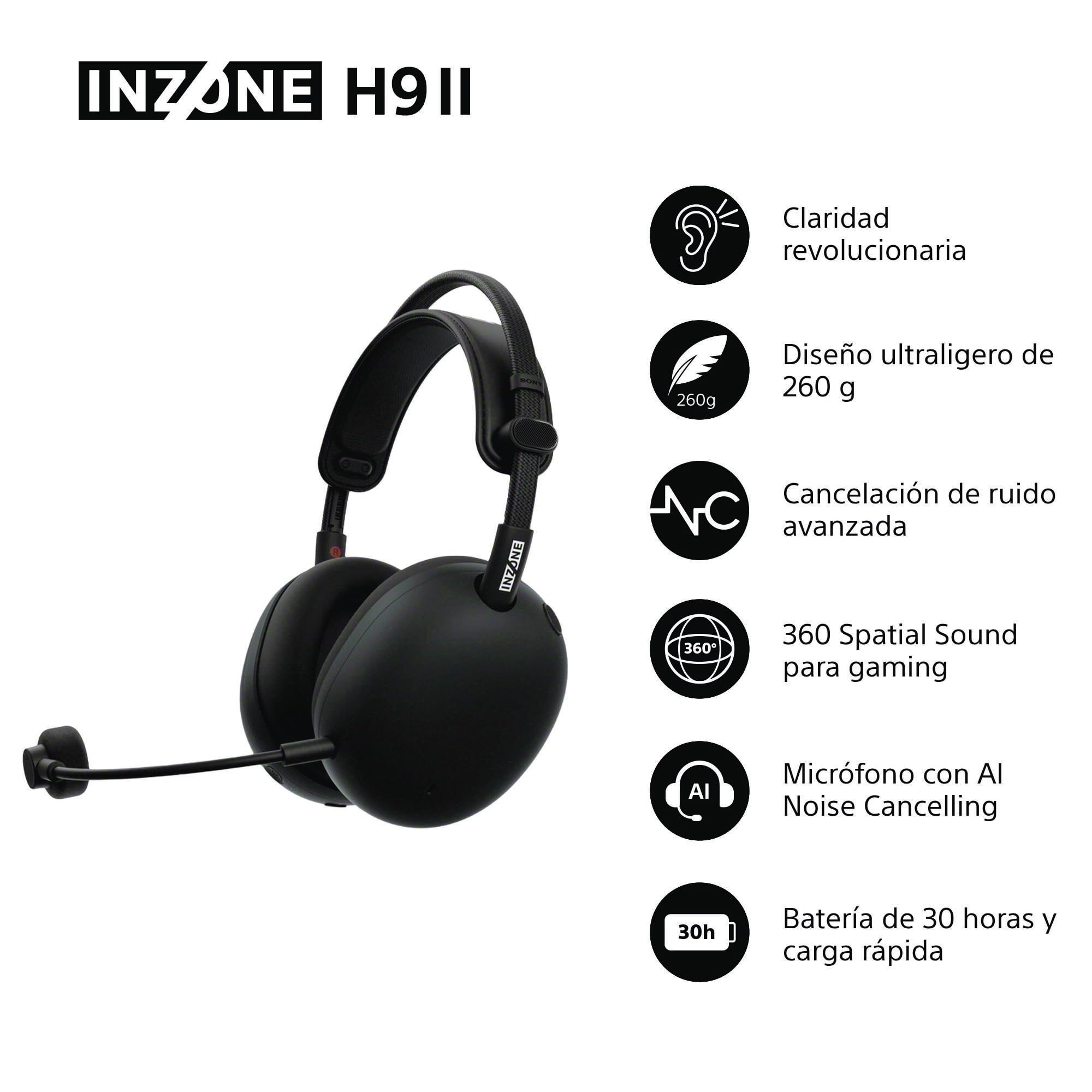 Sony INZONE H9 II: Auriculares Gaming inalámbricos con Noise Cancelling, Ligeros, Micrófono Cardioide Extraible con IA, 2,4 GHz y Bluetooth, Estuche Blando, para PC, PS5, Switch y Móviles, Negro