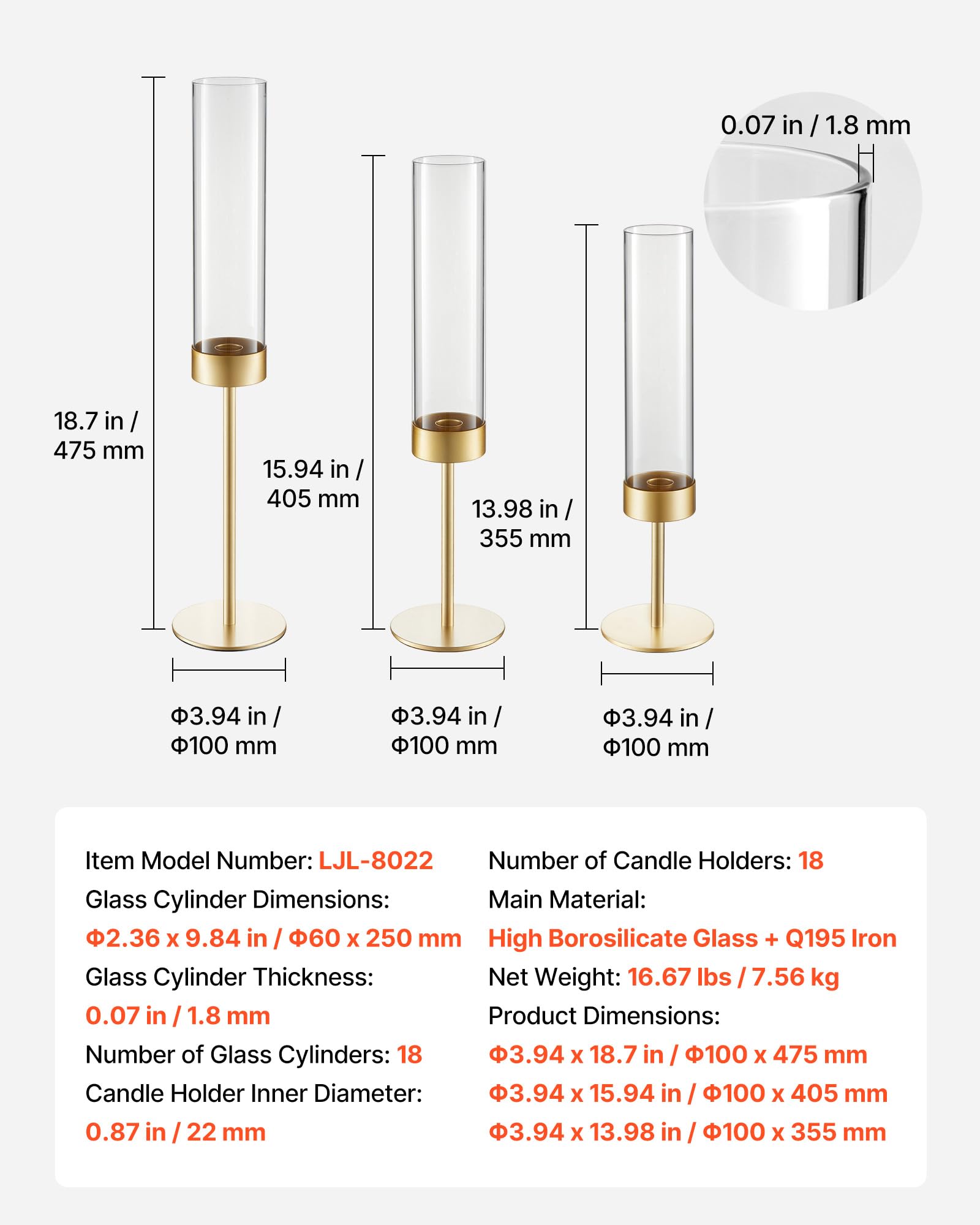 VEVOR Bougeoirs Ouragan Lot de 18, Bougeoirs Cylindriques en Verre avec Support en Métal Doré pour Mariage, Fête et Décoration Intérieure, Centres de Table à Hauteurs Variées, Protection Coupe-Vent