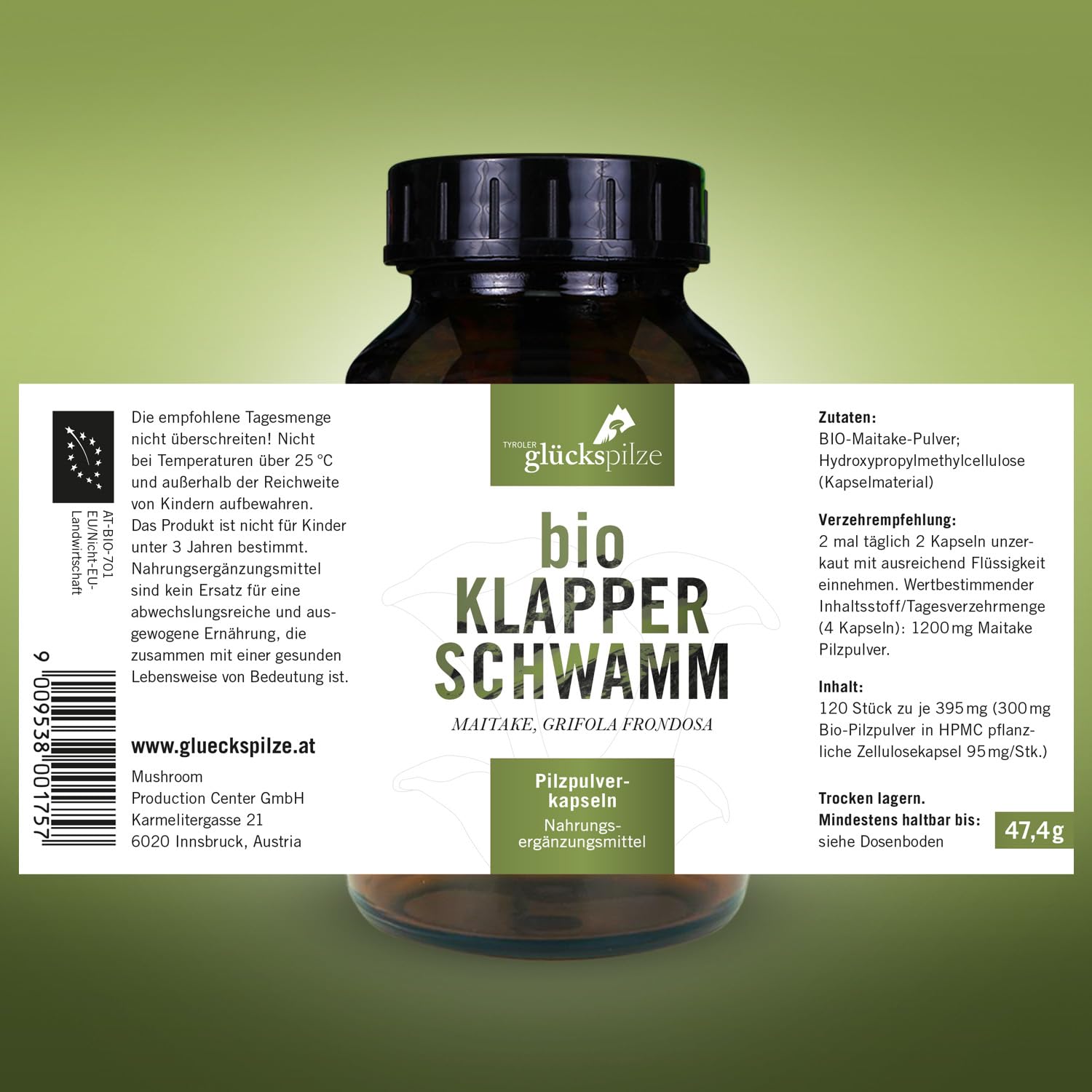 BIO Maitake Kapseln - Maitake Klapperschwamm Pilz Pulver Kapseln vom ganzen Pilz - Vitalpilz Grifola frondosa Pilzpulverkapseln ultrafein vermahlen - AT-BIO-701 Bio-Zucht in Österreich - 120 Stk