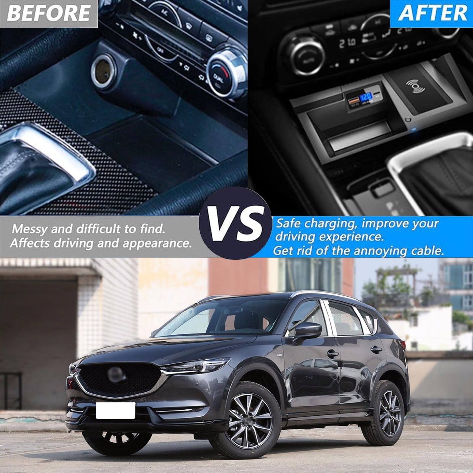 Caricabatterie Wireless per Auto per Tutti i Modelli Cx-5 Accessorio con 15 W Wireless e USB Qc3.0 Ricarica Rapida Regalo per la Famiglia