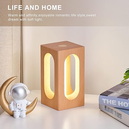 Miniatura 2 de LONRISWAY Lámpara de mesa de madera LED para dormitorio, luz de noche de noche, iluminación LED regulable, decoración creativa para el hogar,