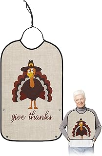 BOBOWUNY Thanksgiving Turkey Adult Bibs for Elder Women Men Eating, Farmhouse Give Thanks Burlap Waterproof & Washable Bibs for Eating Clothing Protector Dining Bibs for Crumb Catcher